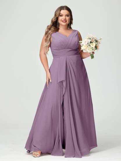 Plus Size Chiffon Bridesmaid Dress with V-Neck, Ruffles, and Pockets in A-Line/Princess Style
