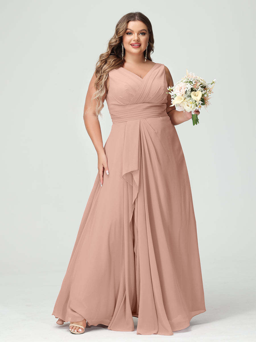 Plus Size Chiffon Bridesmaid Dress with V-Neck, Ruffles, and Pockets in A-Line/Princess Style