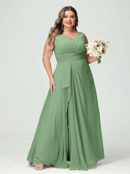 Plus Size Chiffon Bridesmaid Dress with V-Neck, Ruffles, and Pockets in A-Line/Princess Style