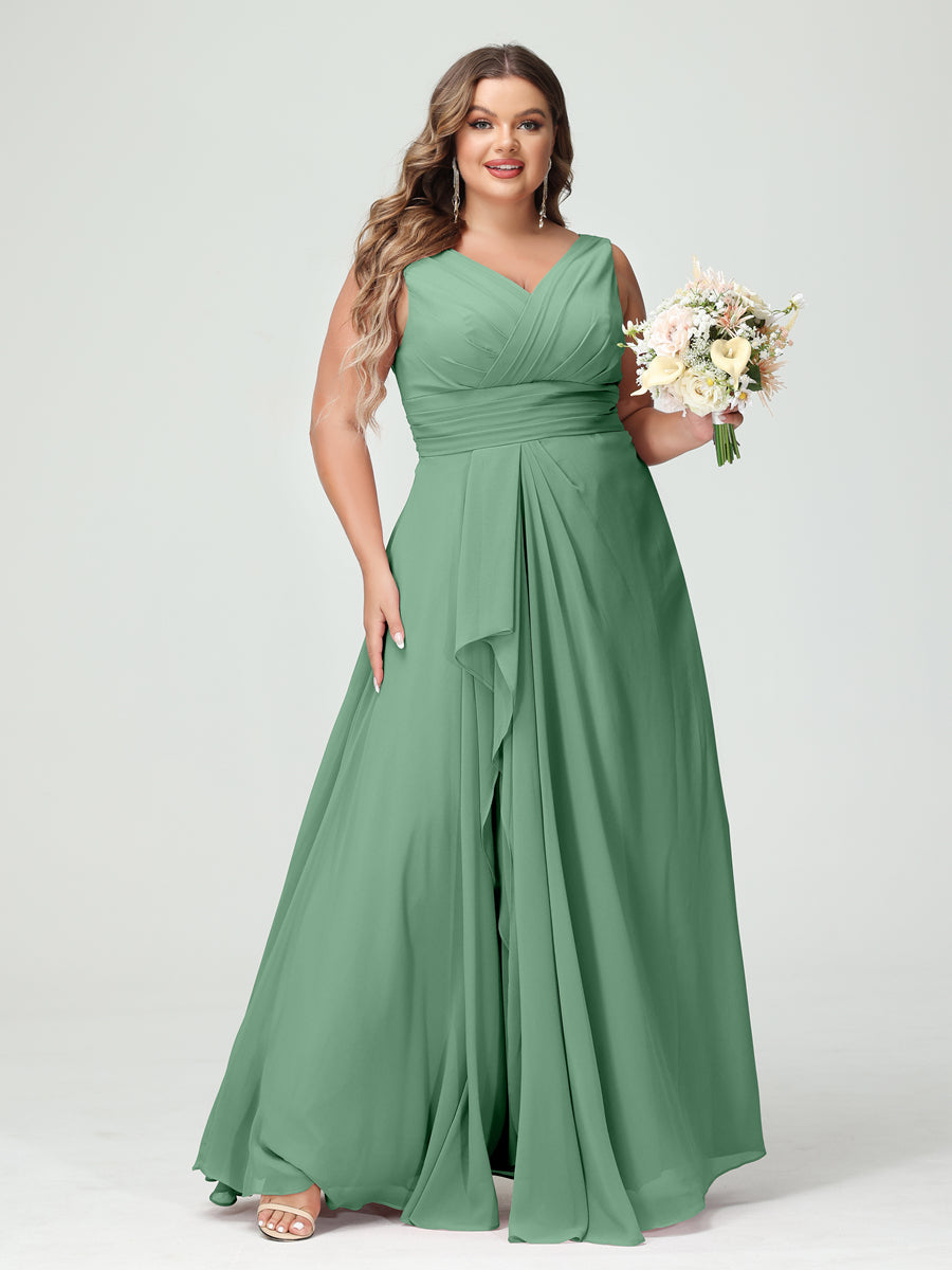 Plus Size Chiffon Bridesmaid Dress with V-Neck, Ruffles, and Pockets in A-Line/Princess Style