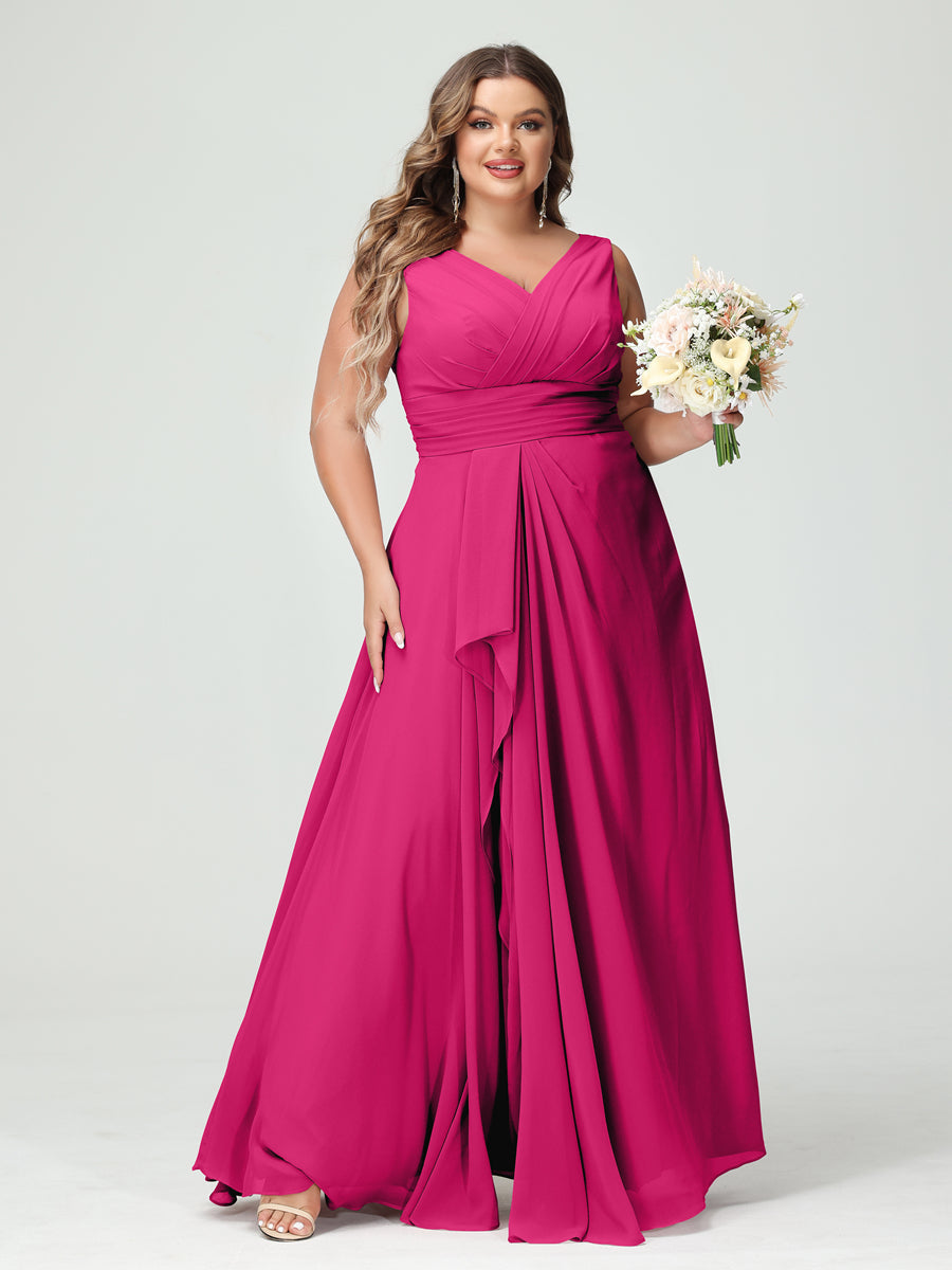 Plus Size Chiffon Bridesmaid Dress with V-Neck, Ruffles, and Pockets in A-Line/Princess Style