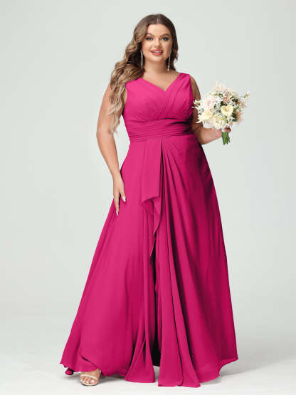 Plus Size Chiffon Bridesmaid Dress with V-Neck, Ruffles, and Pockets in A-Line/Princess Style