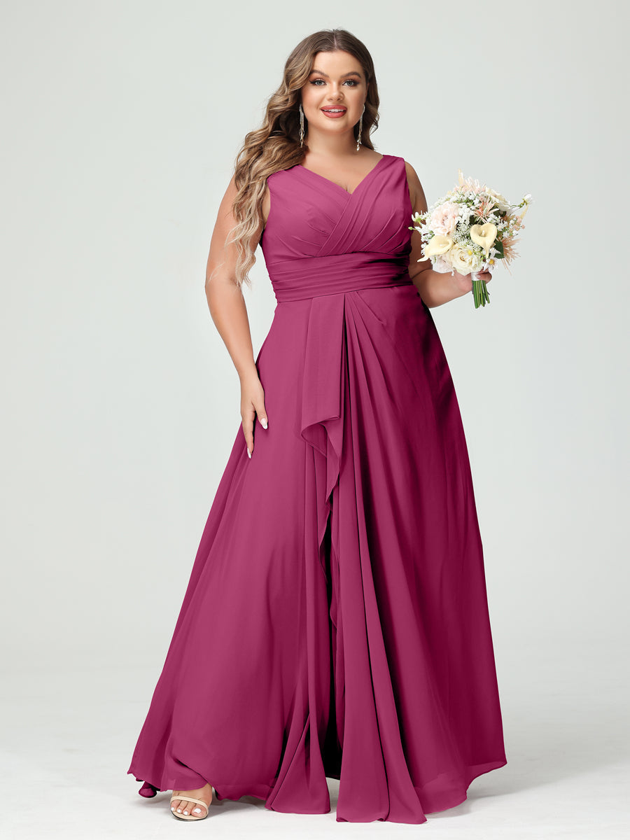 Plus Size Chiffon Bridesmaid Dress with V-Neck, Ruffles, and Pockets in A-Line/Princess Style