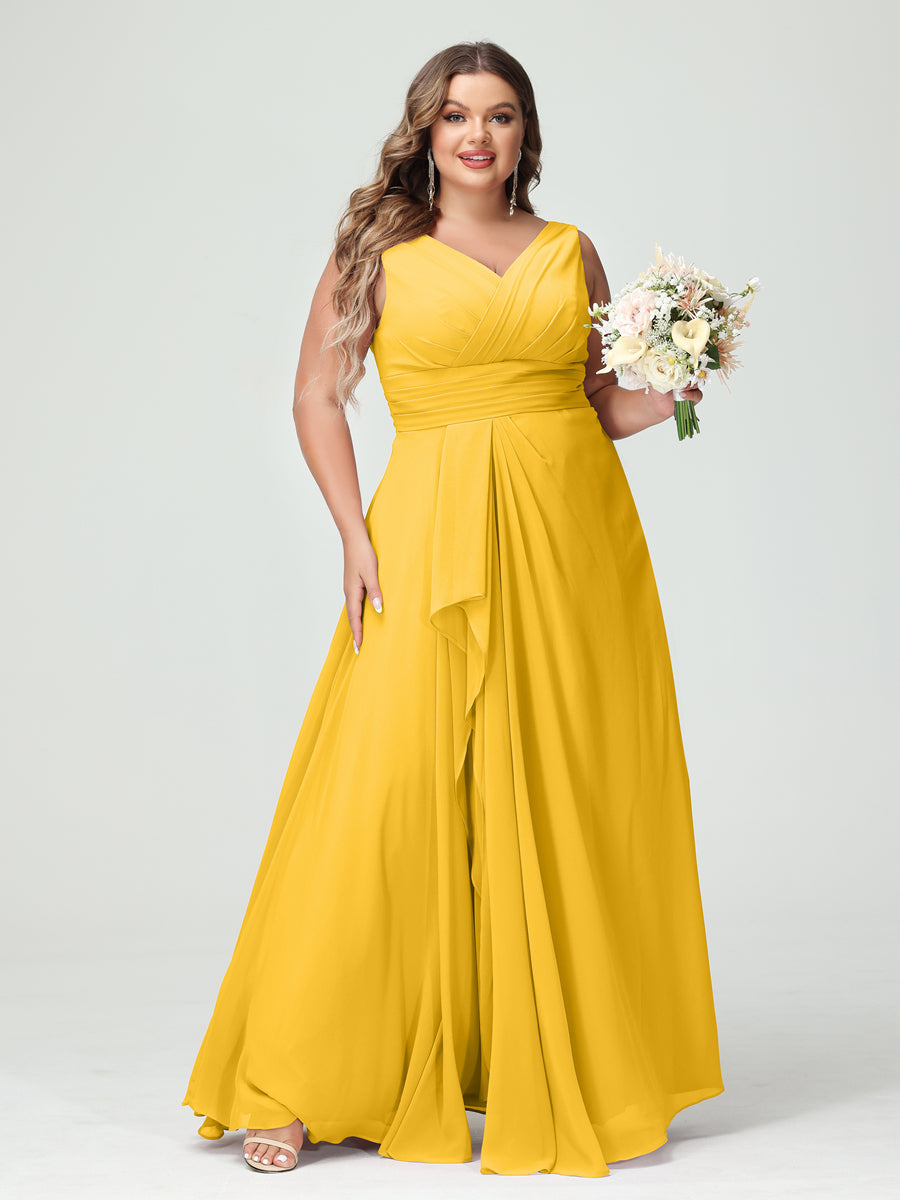 Plus Size Chiffon Bridesmaid Dress with V-Neck, Ruffles, and Pockets in A-Line/Princess Style