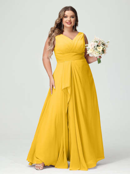Plus Size Chiffon Bridesmaid Dress with V-Neck, Ruffles, and Pockets in A-Line/Princess Style