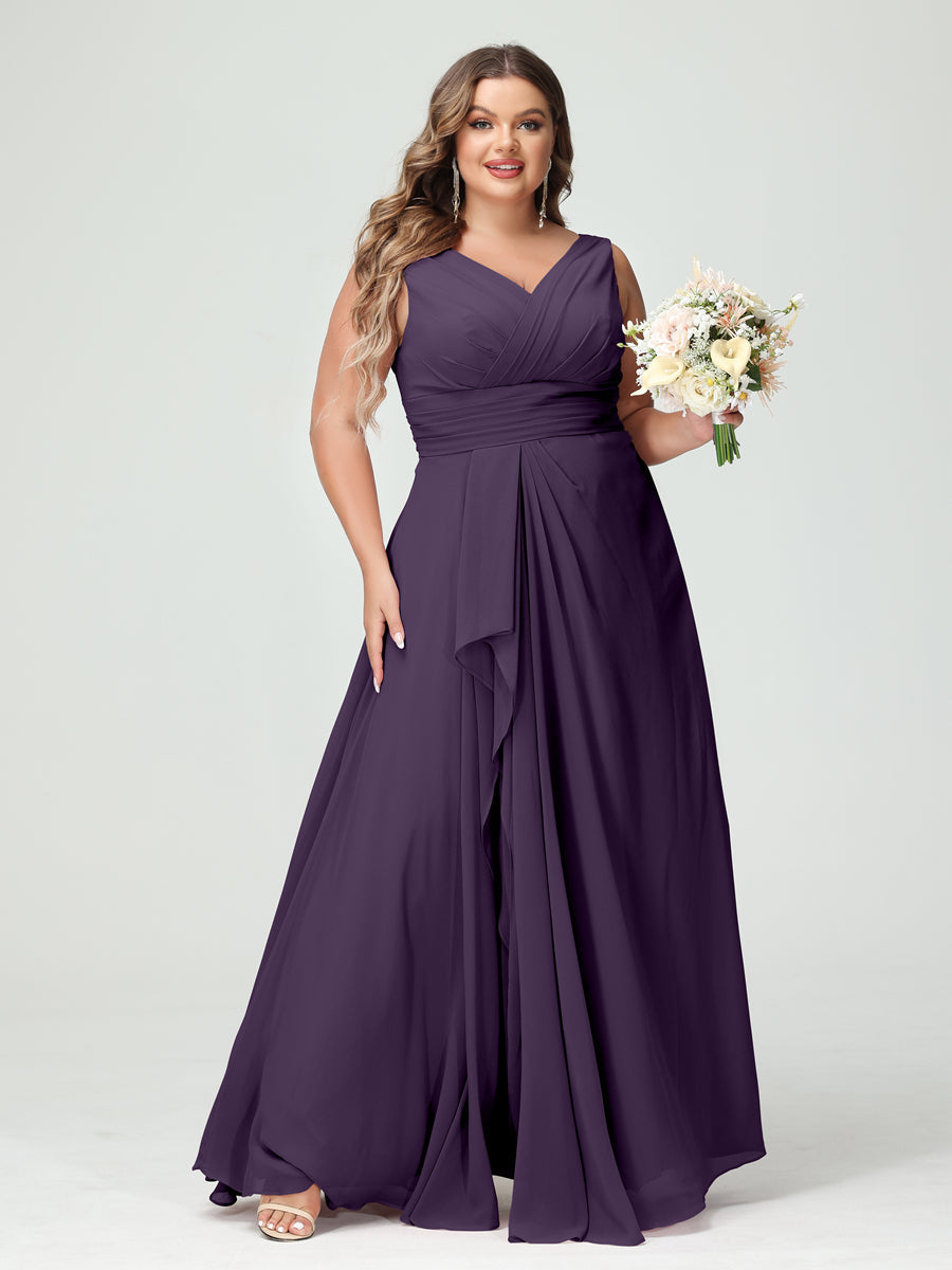 Plus Size Chiffon Bridesmaid Dress with V-Neck, Ruffles, and Pockets in A-Line/Princess Style
