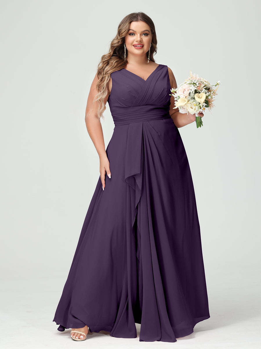 Plus Size Chiffon Bridesmaid Dress with V-Neck, Ruffles, and Pockets in A-Line/Princess Style