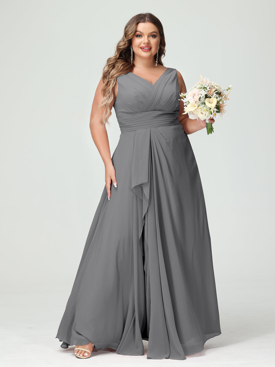 Plus Size Chiffon Bridesmaid Dress with V-Neck, Ruffles, and Pockets in A-Line/Princess Style