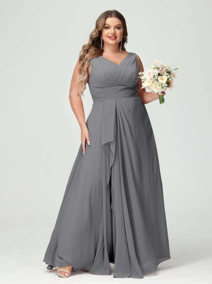Plus Size Chiffon Bridesmaid Dress with V-Neck, Ruffles, and Pockets in A-Line/Princess Style