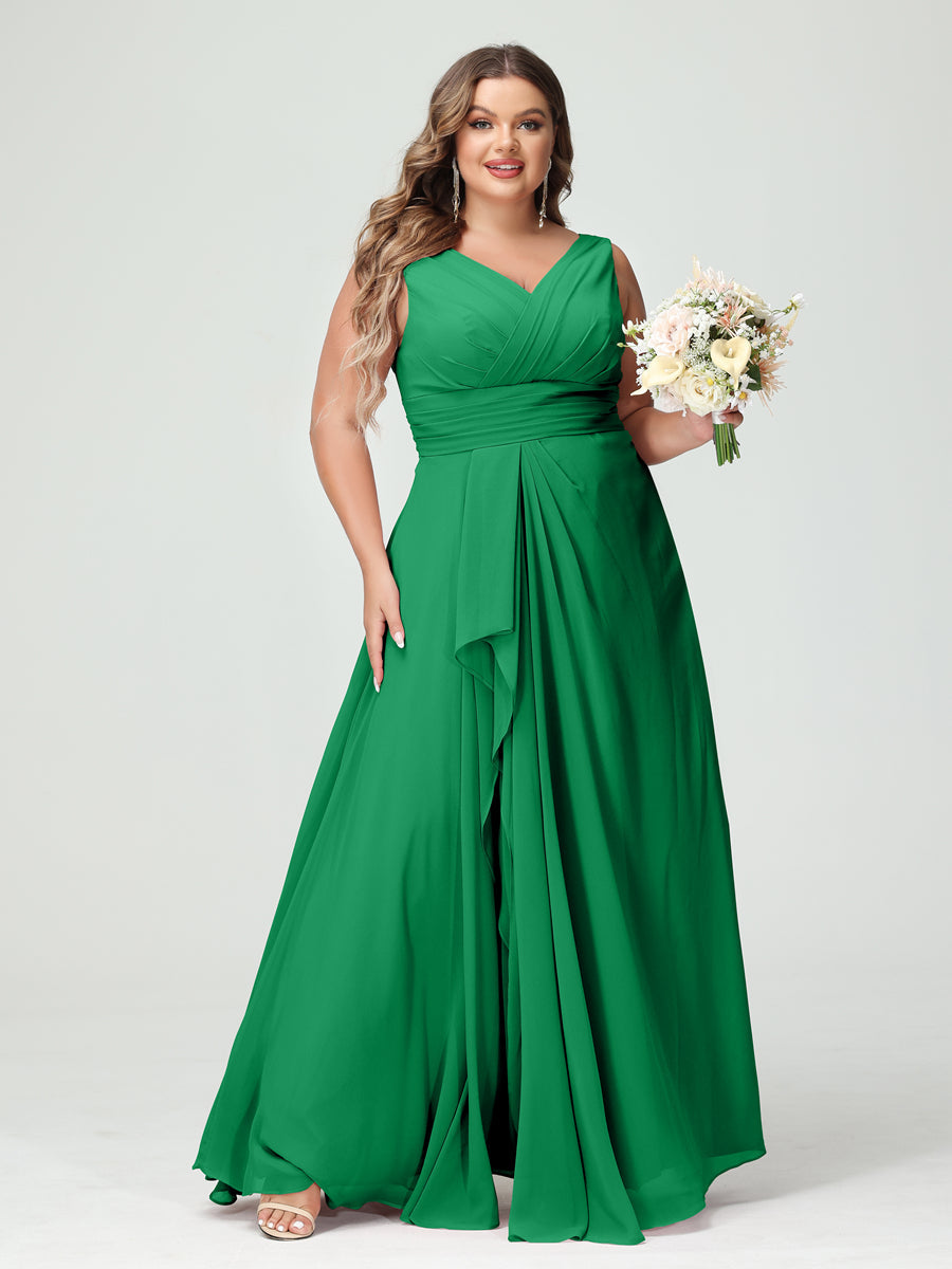 Plus Size Chiffon Bridesmaid Dress with V-Neck, Ruffles, and Pockets in A-Line/Princess Style