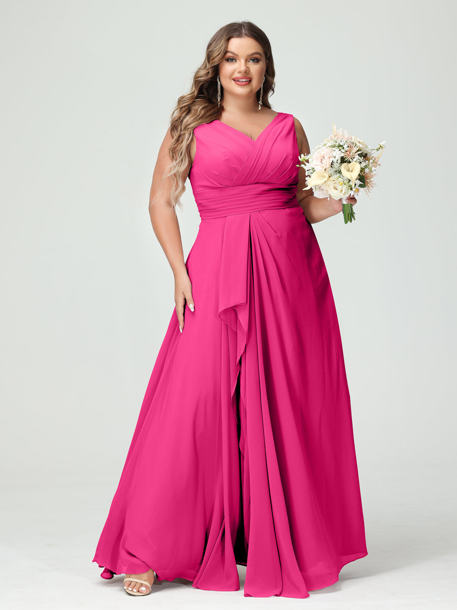 Plus Size Chiffon Bridesmaid Dress with V-Neck, Ruffles, and Pockets in A-Line/Princess Style