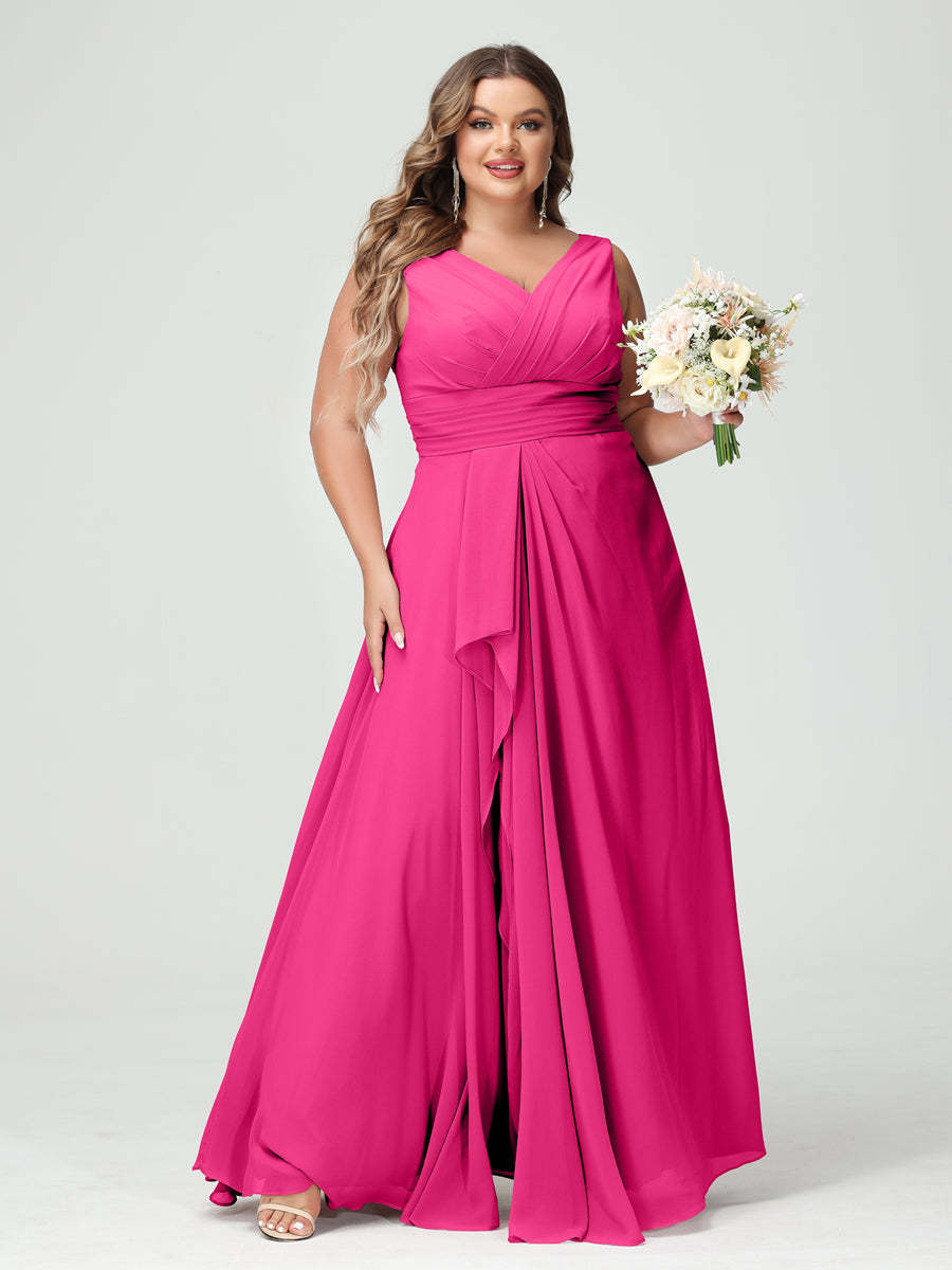 Plus Size Chiffon Bridesmaid Dress with V-Neck, Ruffles, and Pockets in A-Line/Princess Style