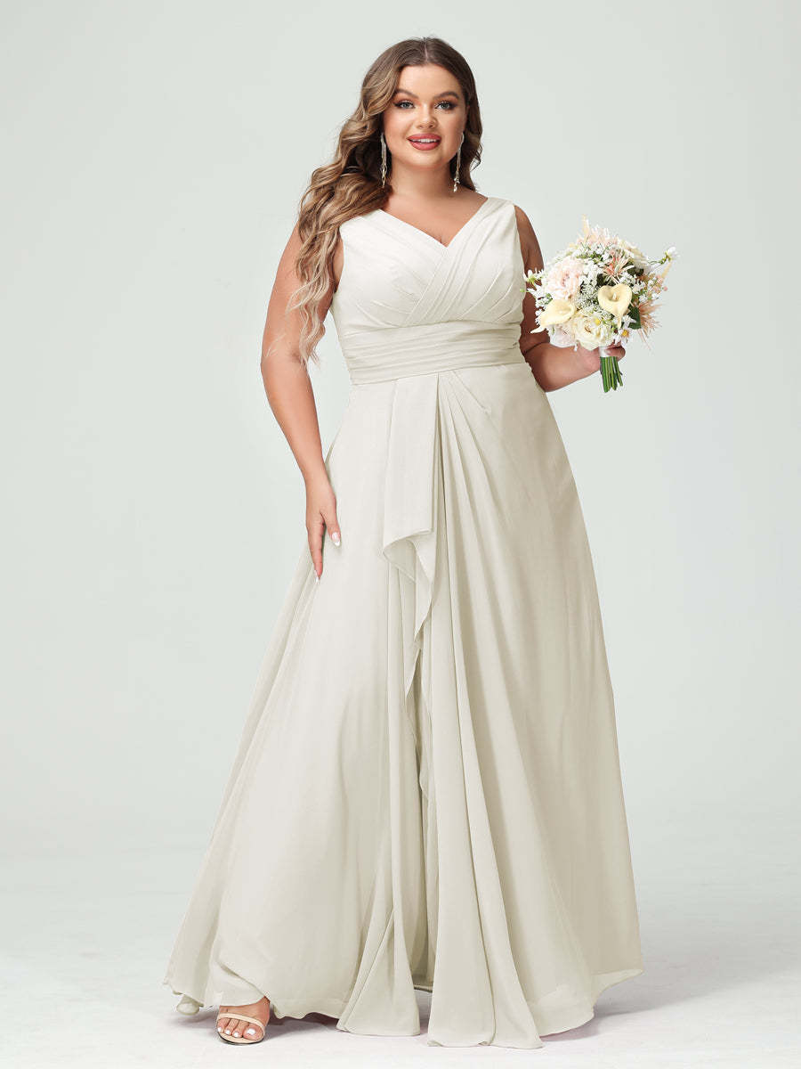 Plus Size Chiffon Bridesmaid Dress with V-Neck, Ruffles, and Pockets in A-Line/Princess Style