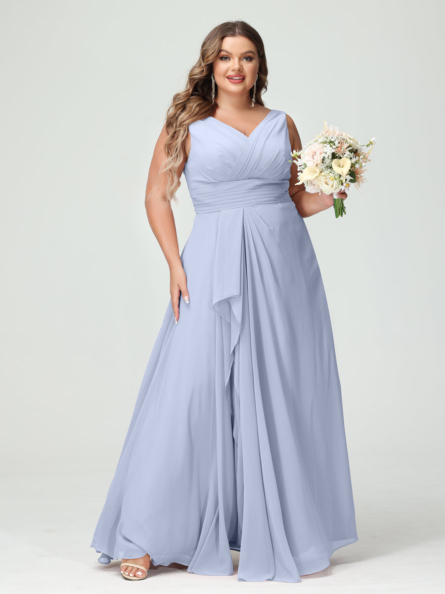 Plus Size Chiffon Bridesmaid Dress with V-Neck, Ruffles, and Pockets in A-Line/Princess Style