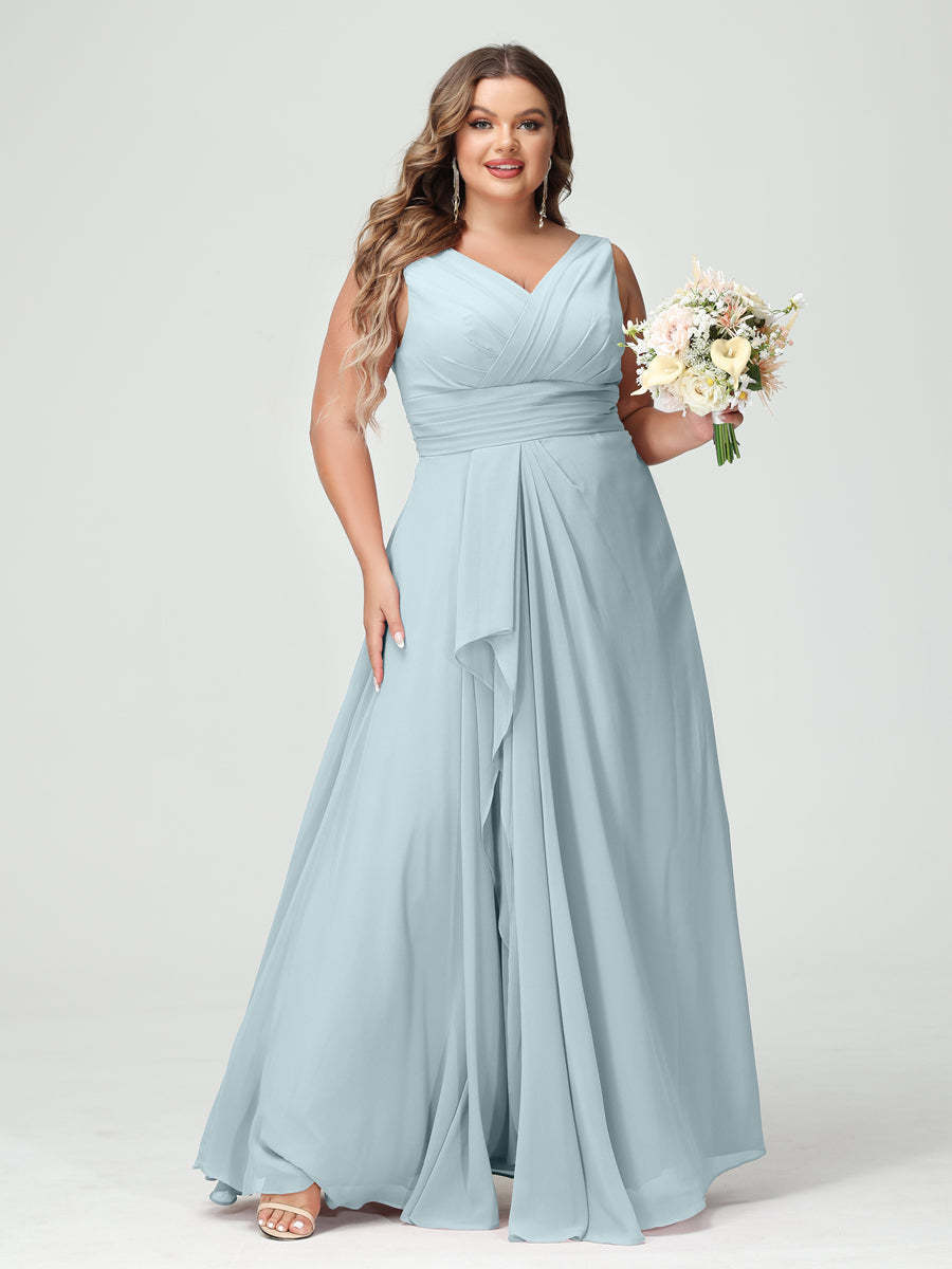 Plus Size Chiffon Bridesmaid Dress with V-Neck, Ruffles, and Pockets in A-Line/Princess Style