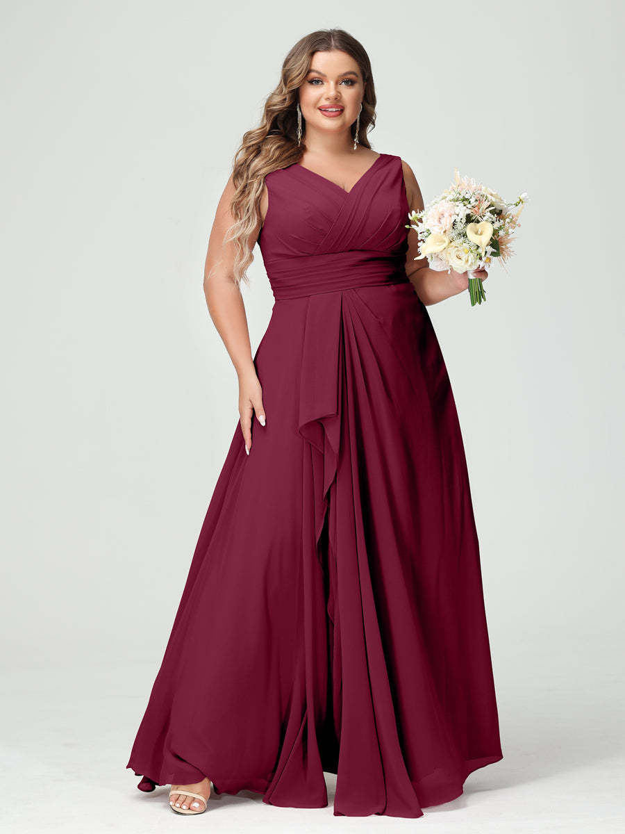 Plus Size Chiffon Bridesmaid Dress with V-Neck, Ruffles, and Pockets in A-Line/Princess Style