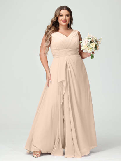 Plus Size Chiffon Bridesmaid Dress with V-Neck, Ruffles, and Pockets in A-Line/Princess Style