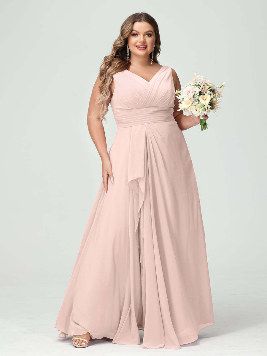 Plus Size Chiffon Bridesmaid Dress with V-Neck, Ruffles, and Pockets in A-Line/Princess Style