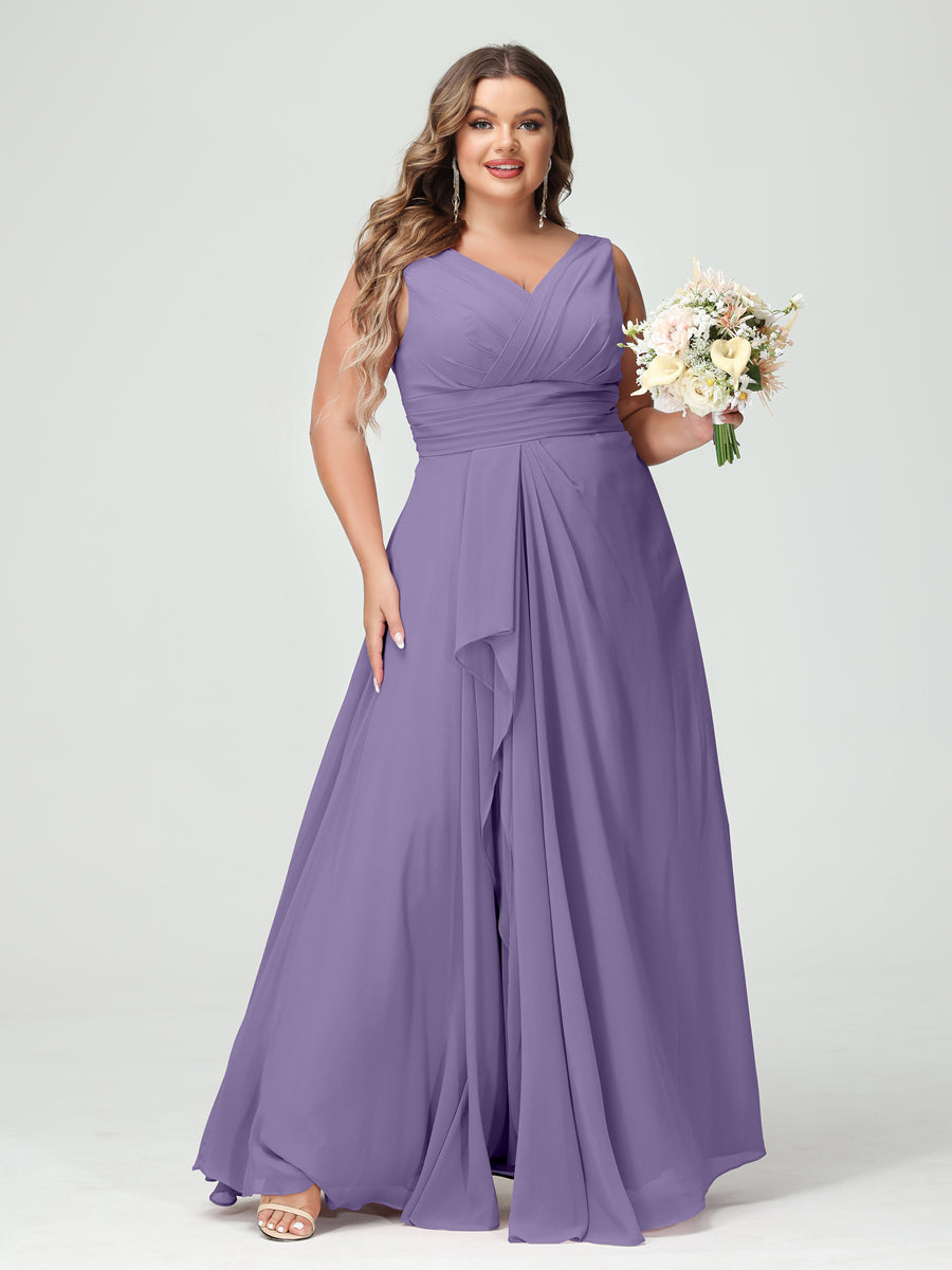 Plus Size Chiffon Bridesmaid Dress with V-Neck, Ruffles, and Pockets in A-Line/Princess Style