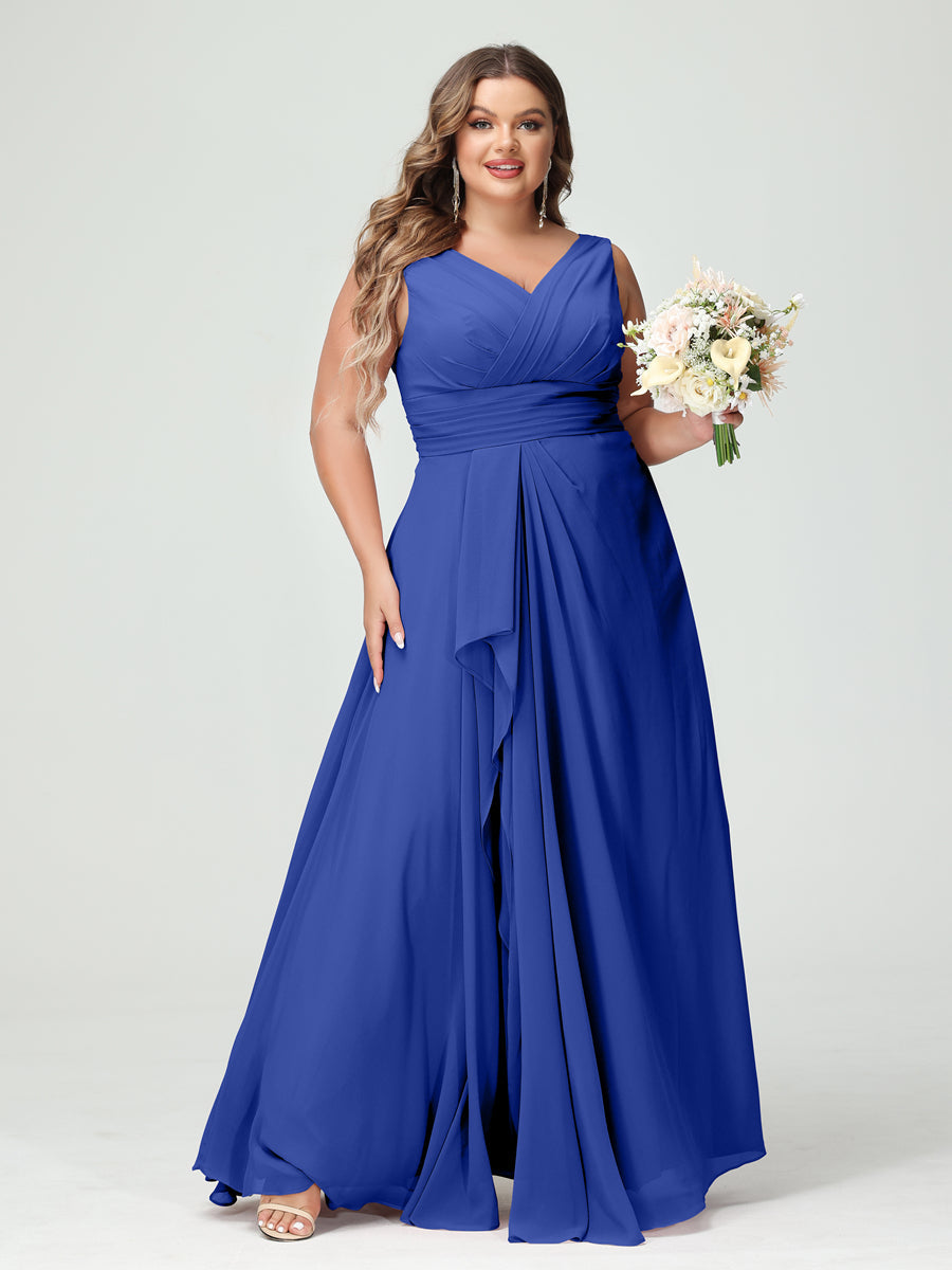 Plus Size Chiffon Bridesmaid Dress with V-Neck, Ruffles, and Pockets in A-Line/Princess Style