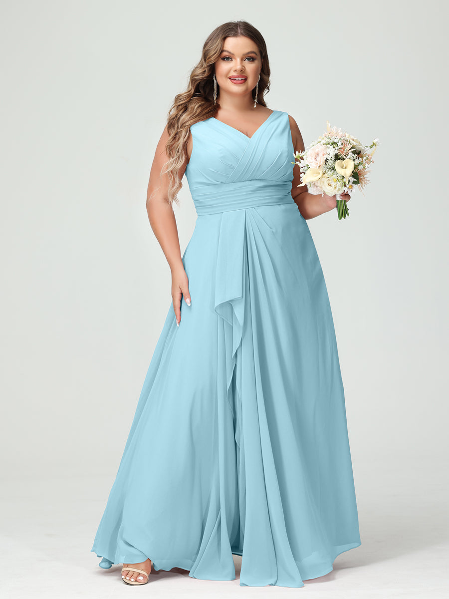 Plus Size Chiffon Bridesmaid Dress with V-Neck, Ruffles, and Pockets in A-Line/Princess Style