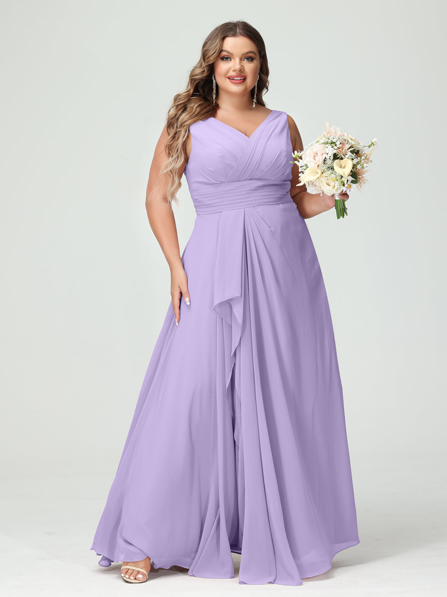 Plus Size Chiffon Bridesmaid Dress with V-Neck, Ruffles, and Pockets in A-Line/Princess Style