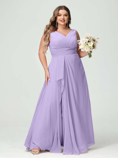 Plus Size Chiffon Bridesmaid Dress with V-Neck, Ruffles, and Pockets in A-Line/Princess Style
