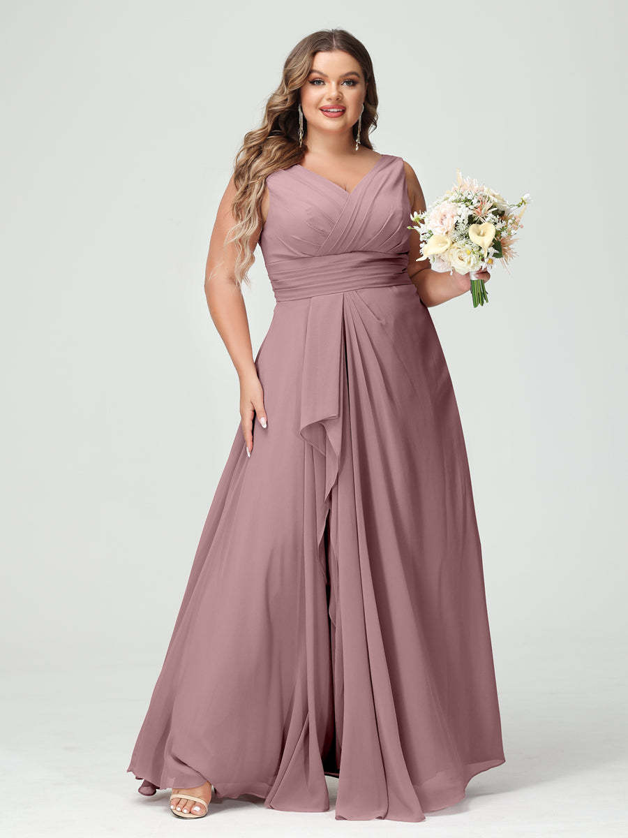 Plus Size Chiffon Bridesmaid Dress with V-Neck, Ruffles, and Pockets in A-Line/Princess Style