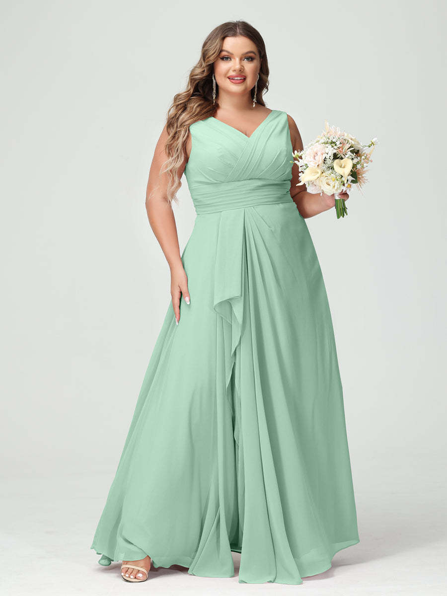 Plus Size Chiffon Bridesmaid Dress with V-Neck, Ruffles, and Pockets in A-Line/Princess Style