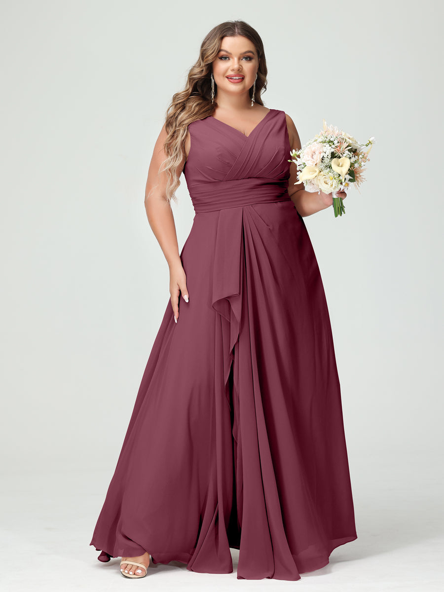Plus Size Chiffon Bridesmaid Dress with V-Neck, Ruffles, and Pockets in A-Line/Princess Style