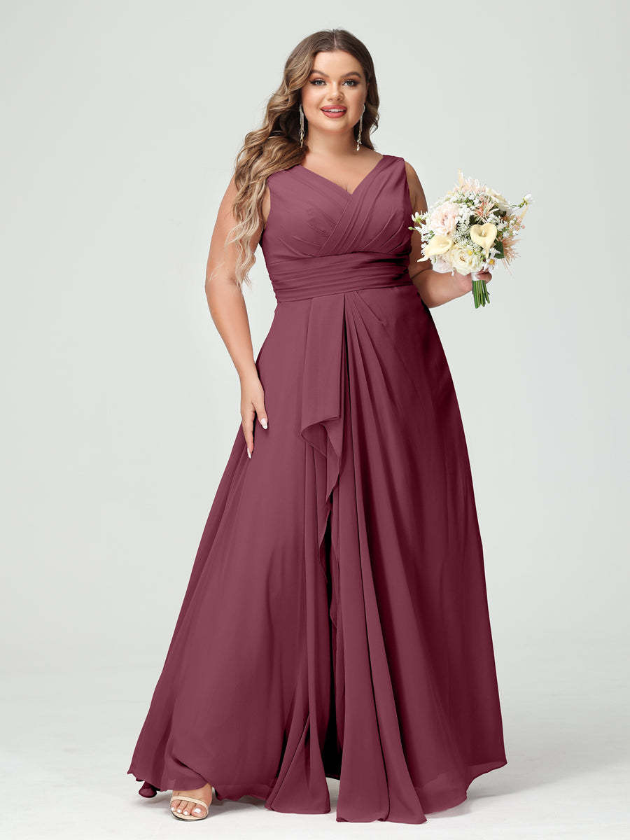 Plus Size Chiffon Bridesmaid Dress with V-Neck, Ruffles, and Pockets in A-Line/Princess Style