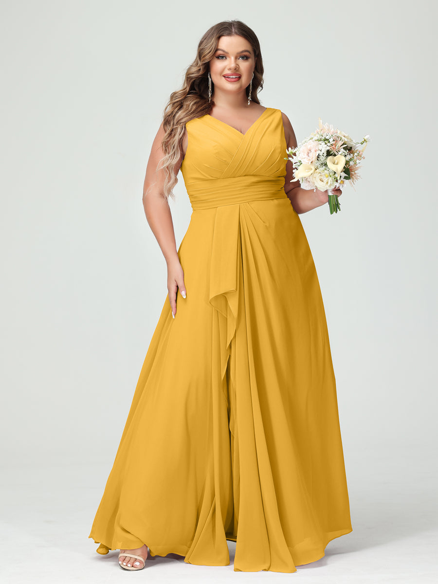 Plus Size Chiffon Bridesmaid Dress with V-Neck, Ruffles, and Pockets in A-Line/Princess Style