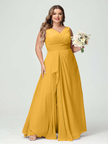 Plus Size Chiffon Bridesmaid Dress with V-Neck, Ruffles, and Pockets in A-Line/Princess Style