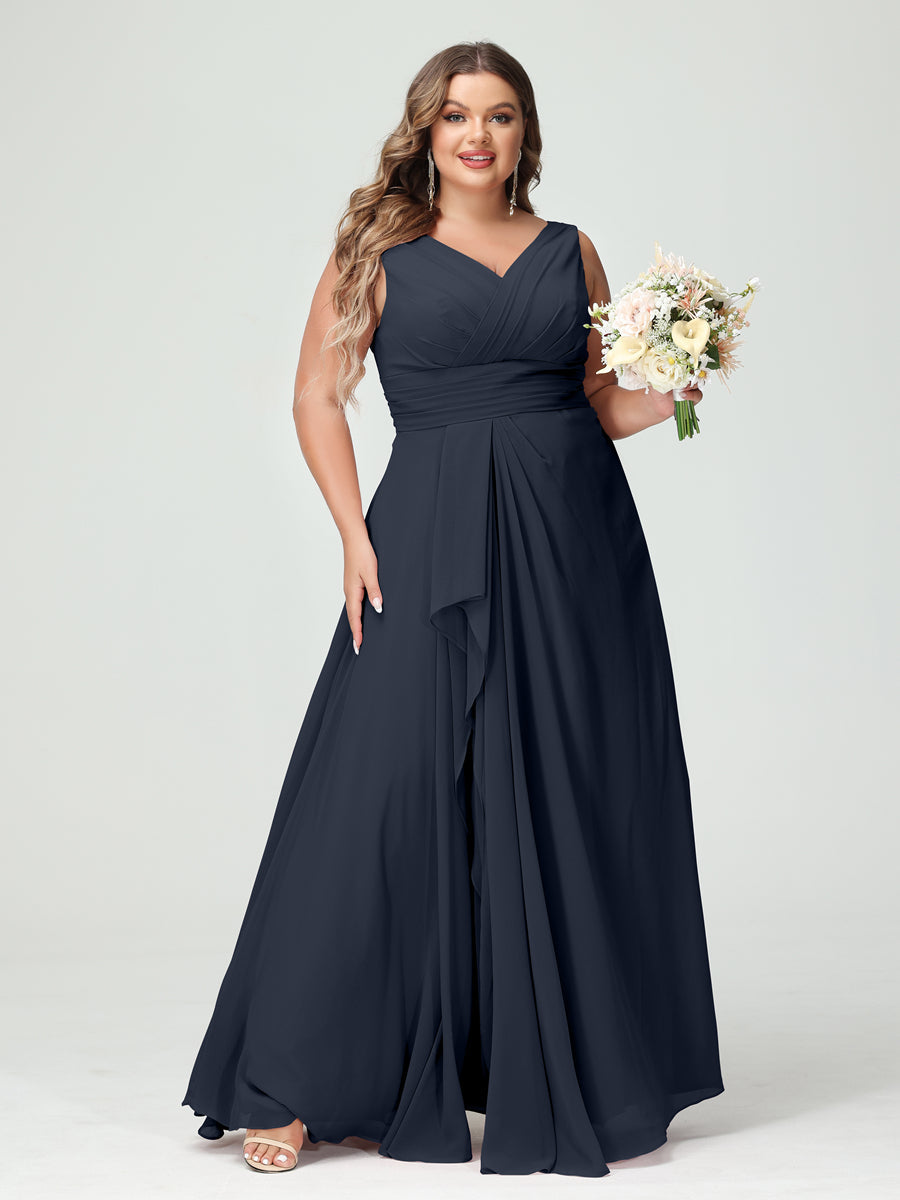 Plus Size Chiffon Bridesmaid Dress with V-Neck, Ruffles, and Pockets in A-Line/Princess Style