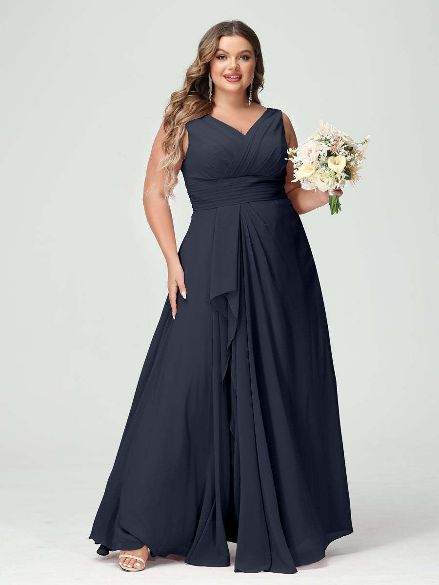 Plus Size Chiffon Bridesmaid Dress with V-Neck, Ruffles, and Pockets in A-Line/Princess Style