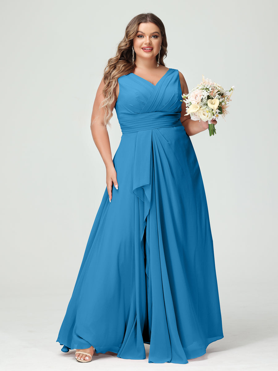 Plus Size Chiffon Bridesmaid Dress with V-Neck, Ruffles, and Pockets in A-Line/Princess Style