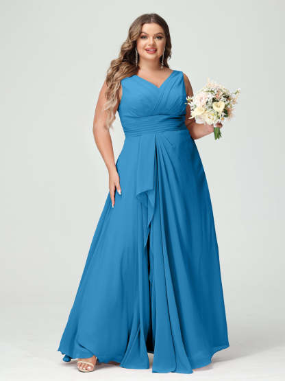 Plus Size Chiffon Bridesmaid Dress with V-Neck, Ruffles, and Pockets in A-Line/Princess Style