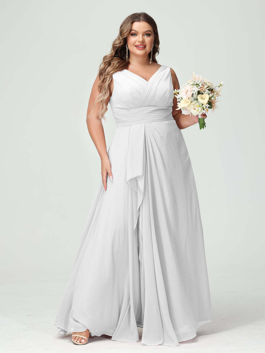 Plus Size Chiffon Bridesmaid Dress with V-Neck, Ruffles, and Pockets in A-Line/Princess Style