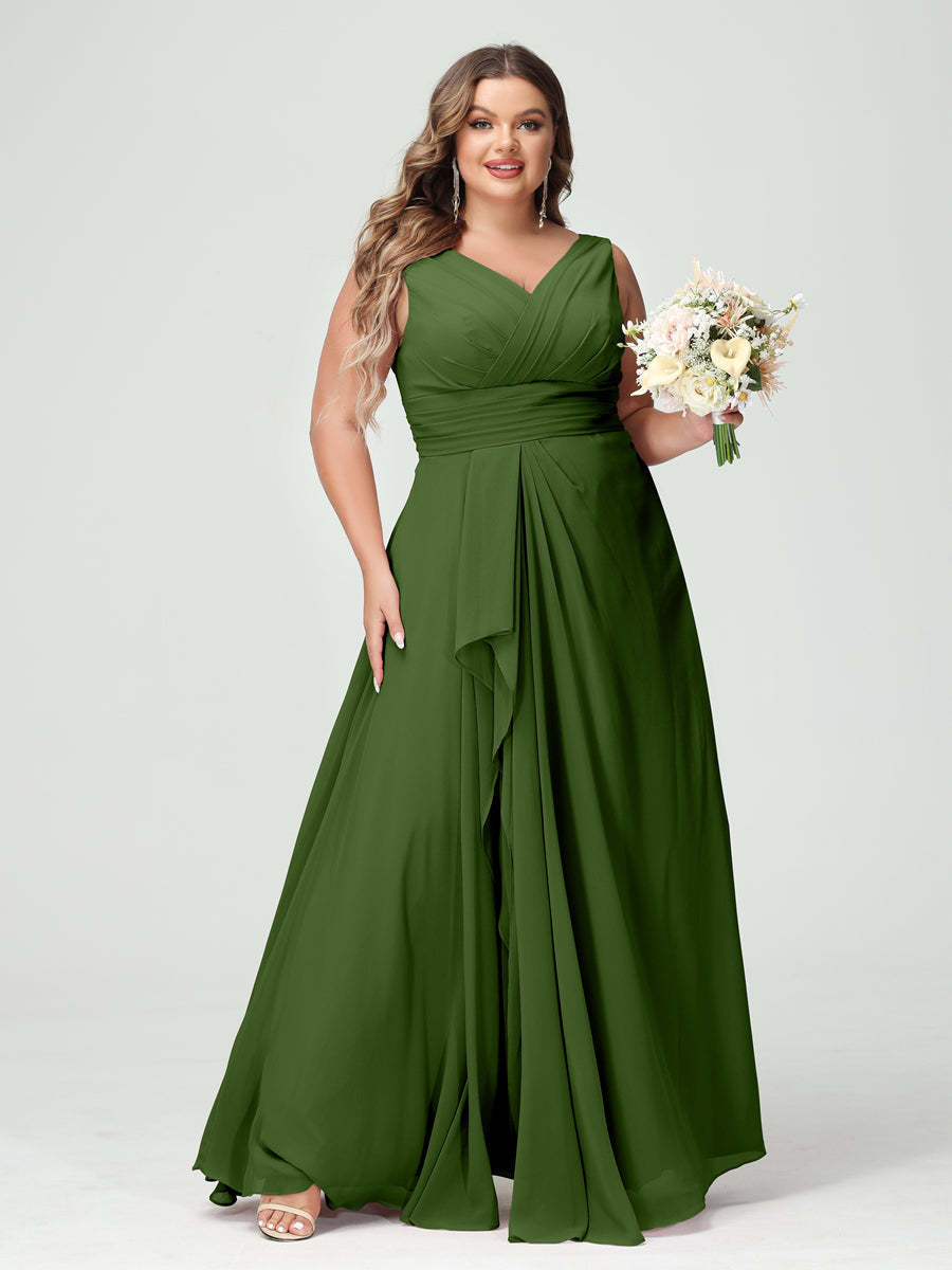 Plus Size Chiffon Bridesmaid Dress with V-Neck, Ruffles, and Pockets in A-Line/Princess Style