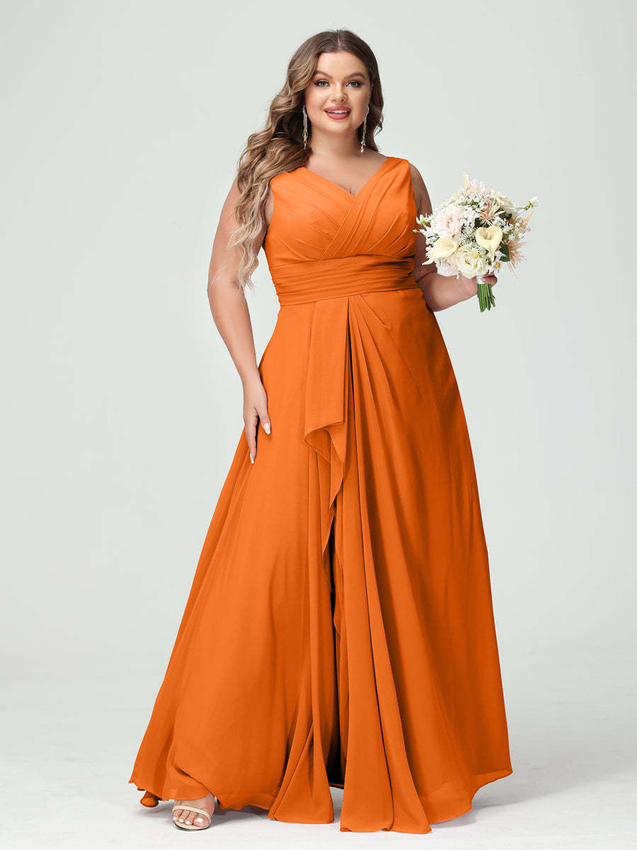 Plus Size Chiffon Bridesmaid Dress with V-Neck, Ruffles, and Pockets in A-Line/Princess Style