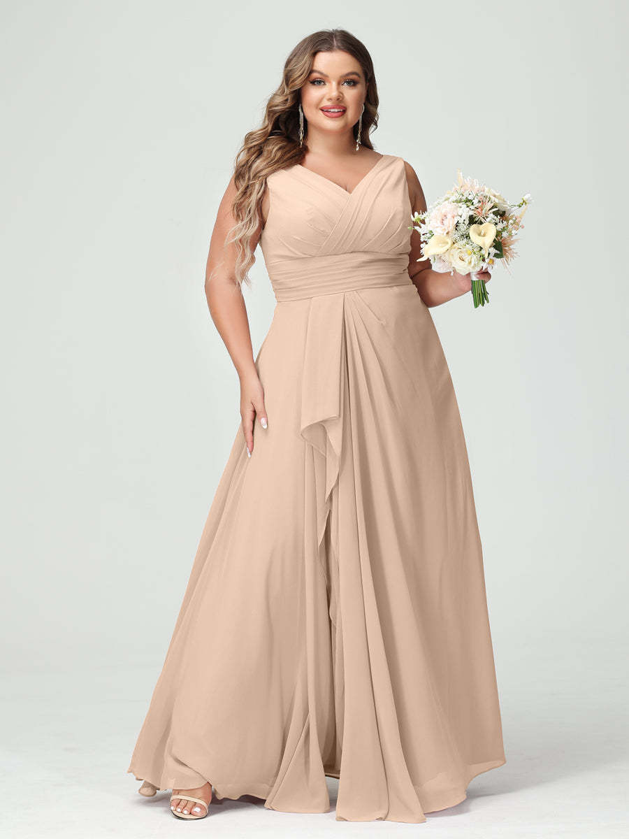 Plus Size Chiffon Bridesmaid Dress with V-Neck, Ruffles, and Pockets in A-Line/Princess Style