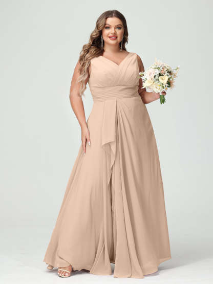 Plus Size Chiffon Bridesmaid Dress with V-Neck, Ruffles, and Pockets in A-Line/Princess Style