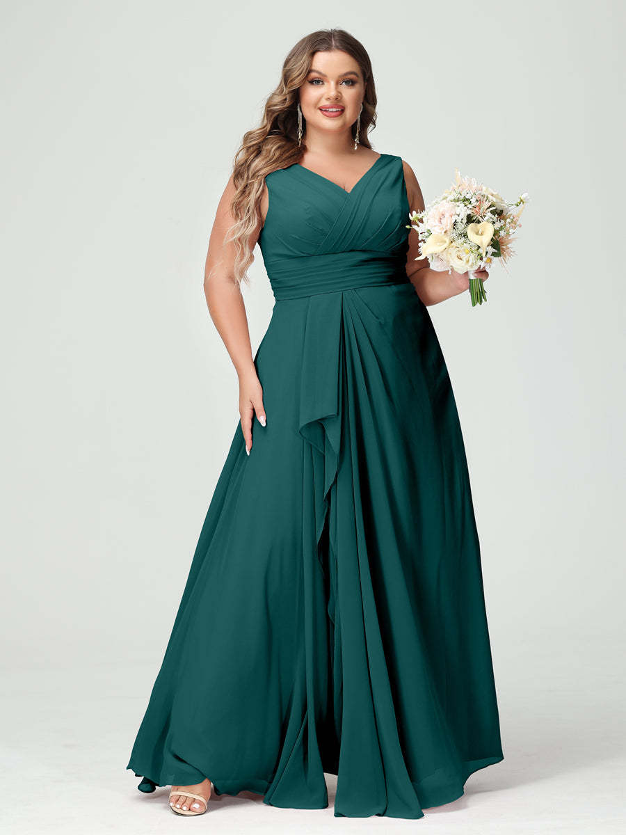 Plus Size Chiffon Bridesmaid Dress with V-Neck, Ruffles, and Pockets in A-Line/Princess Style