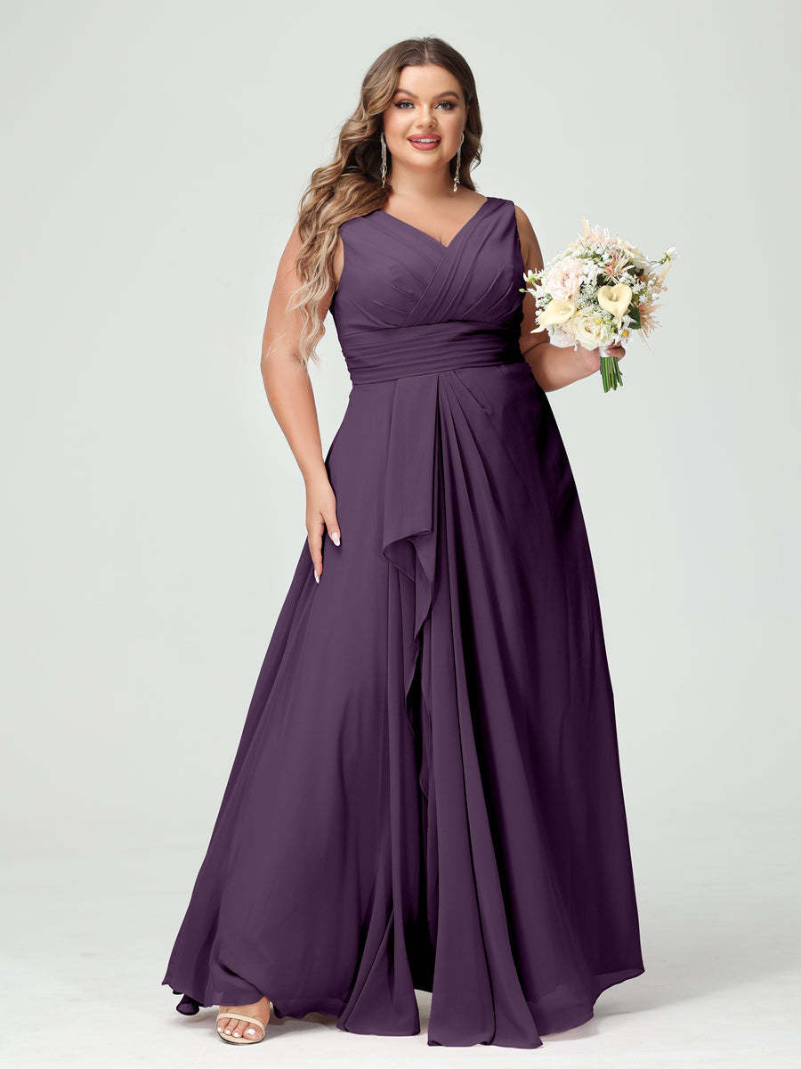 Plus Size Chiffon Bridesmaid Dress with V-Neck, Ruffles, and Pockets in A-Line/Princess Style