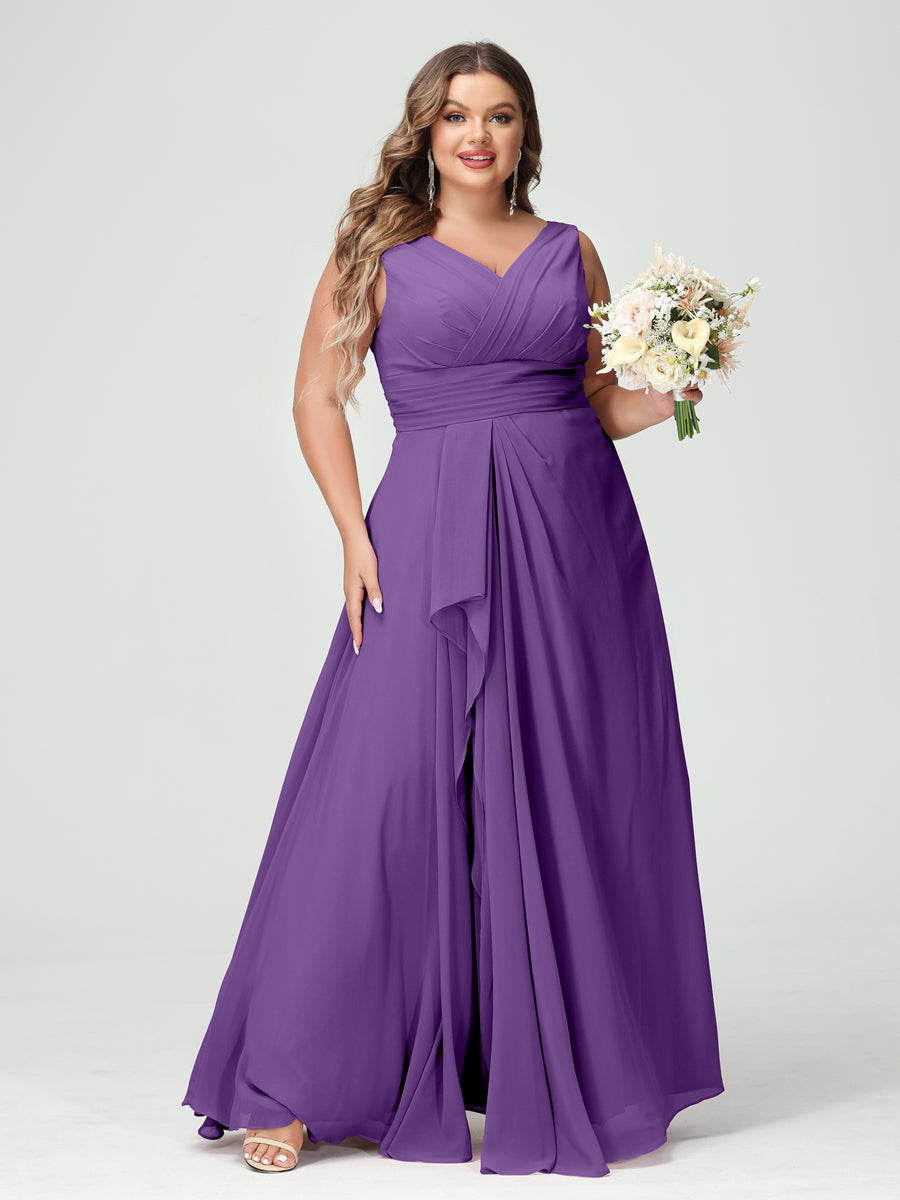 Plus Size Chiffon Bridesmaid Dress with V-Neck, Ruffles, and Pockets in A-Line/Princess Style