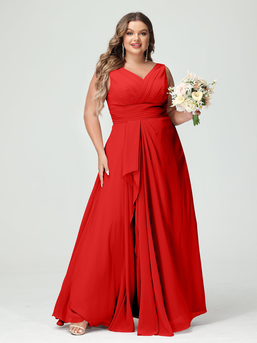 Plus Size Chiffon Bridesmaid Dress with V-Neck, Ruffles, and Pockets in A-Line/Princess Style