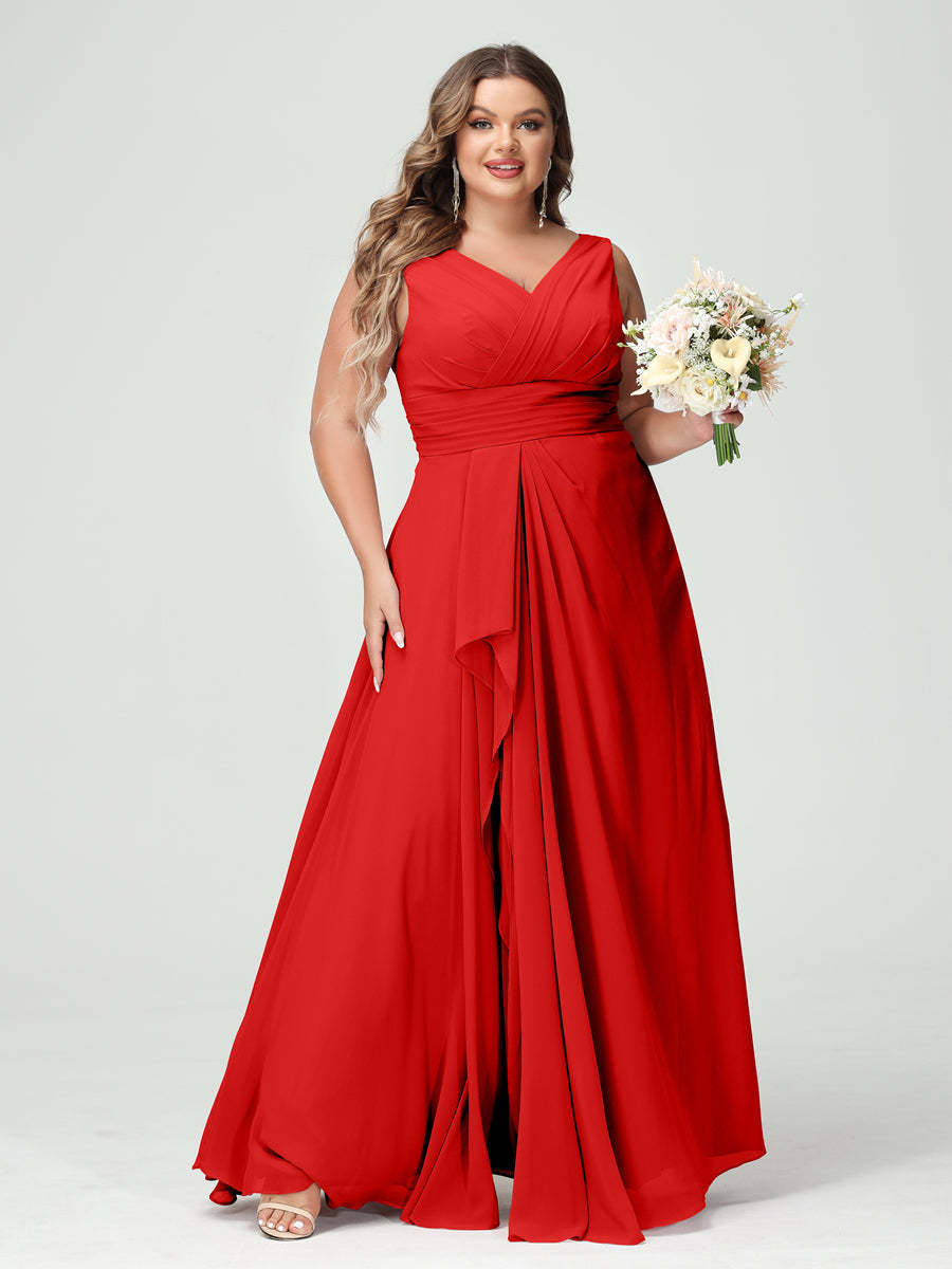 Plus Size Chiffon Bridesmaid Dress with V-Neck, Ruffles, and Pockets in A-Line/Princess Style