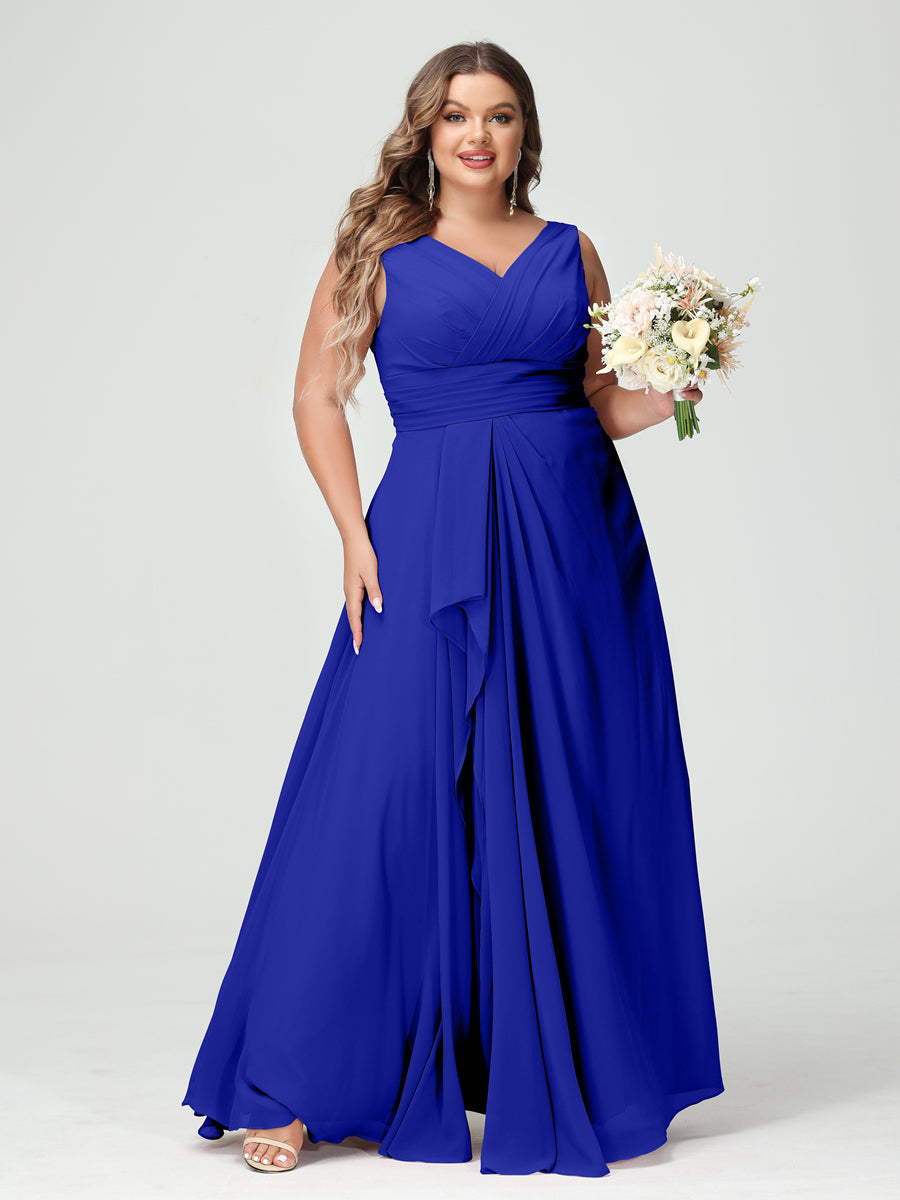 Plus Size Chiffon Bridesmaid Dress with V-Neck, Ruffles, and Pockets in A-Line/Princess Style