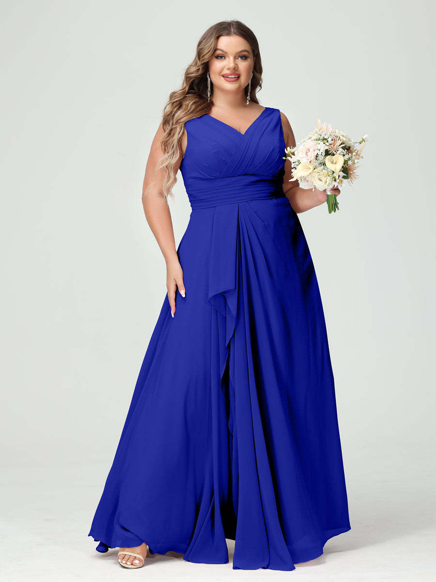 Plus Size Chiffon Bridesmaid Dress with V-Neck, Ruffles, and Pockets in A-Line/Princess Style