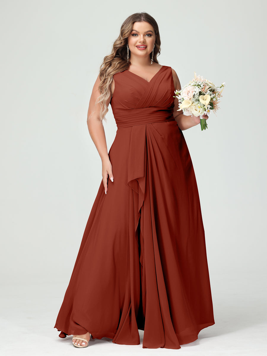 Plus Size Chiffon Bridesmaid Dress with V-Neck, Ruffles, and Pockets in A-Line/Princess Style